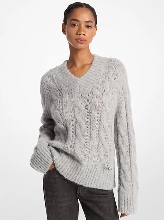 Michael Kors Alpaca Blend Cable Knit Sweater PEARLHEATHER Clearance