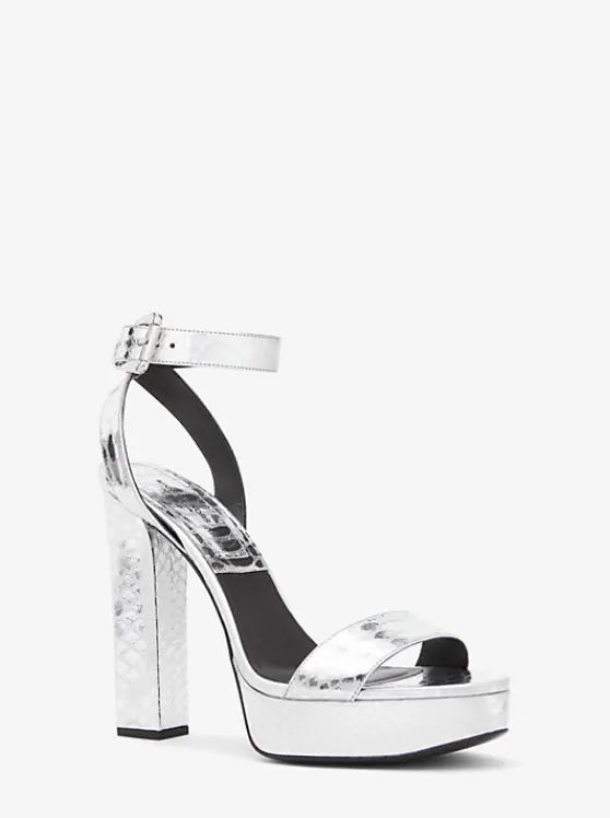 Michael Kors Anabelle Metallic Python Embossed Leather Platform Sandal SILVER Hot