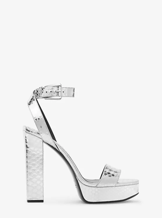 Michael Kors Anabelle Metallic Python Embossed Leather Platform Sandal SILVER Hot