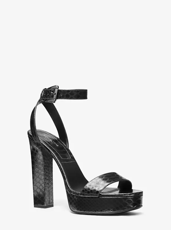 Michael Kors Anabelle Python Embossed Leather Platform Sandal GUNMETAL Discount