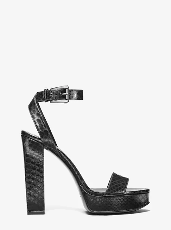 Michael Kors Anabelle Python Embossed Leather Platform Sandal GUNMETAL Discount