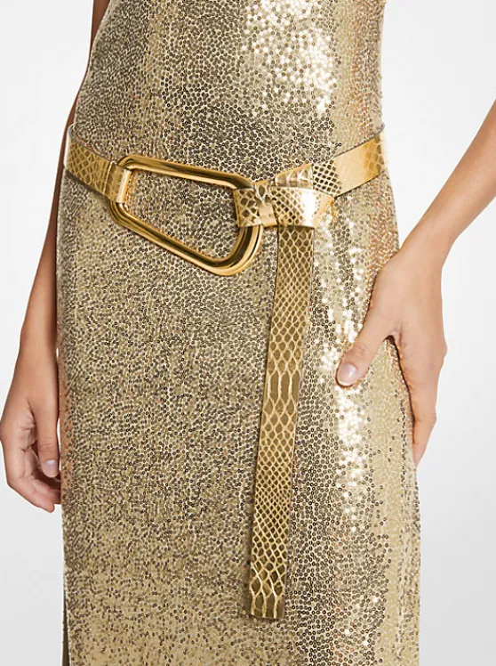 Michael Kors Angelina Metallic Python Embossed Leather Belt GOLD Best Sale