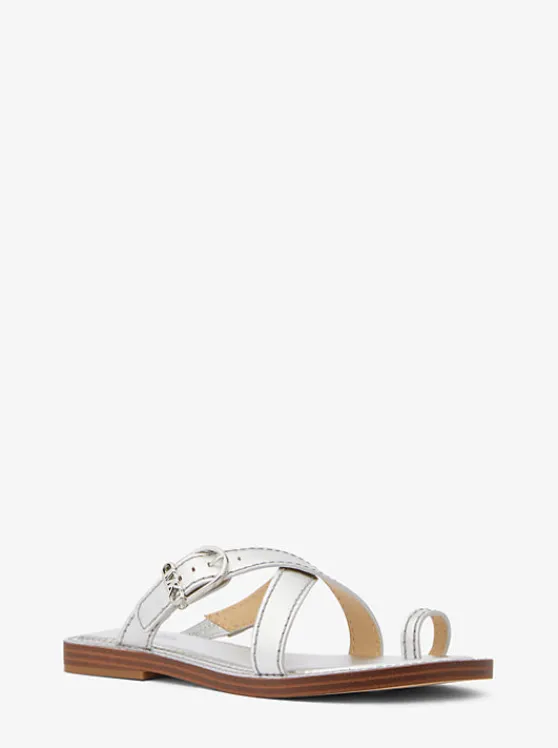 Michael Kors Ashton Metallic Leather Flat Sandal SILVER Flash Sale