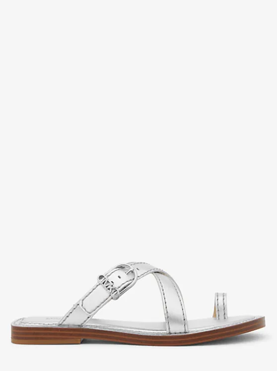 Michael Kors Ashton Metallic Leather Flat Sandal SILVER Flash Sale