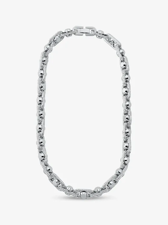 Michael Kors Astor Link Extra-Large Pavé Precious Metal-Plated Brass Necklace SILVER Fashion