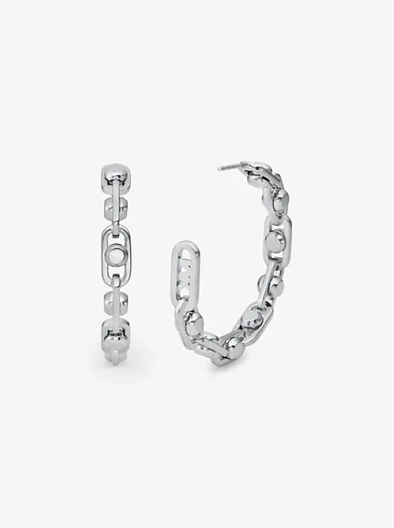 Michael Kors Astor Link Medium Precious Metal-Plated Brass Hoop Earrings SILVER Flash Sale