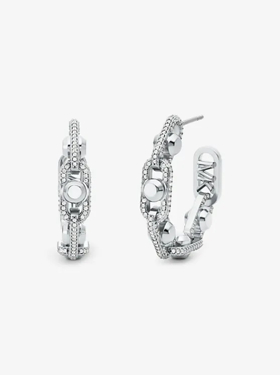 Michael Kors Astor Link Medium Precious Metal-Plated Brass Pavé Hoop Earrings SILVER Cheap