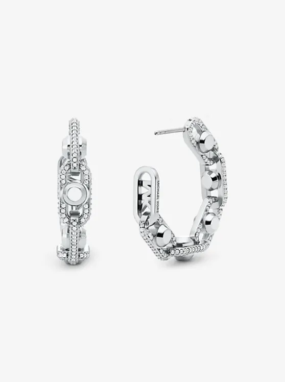 Michael Kors Astor Link Medium Precious Metal-Plated Brass Pavé Hoop Earrings SILVER Cheap