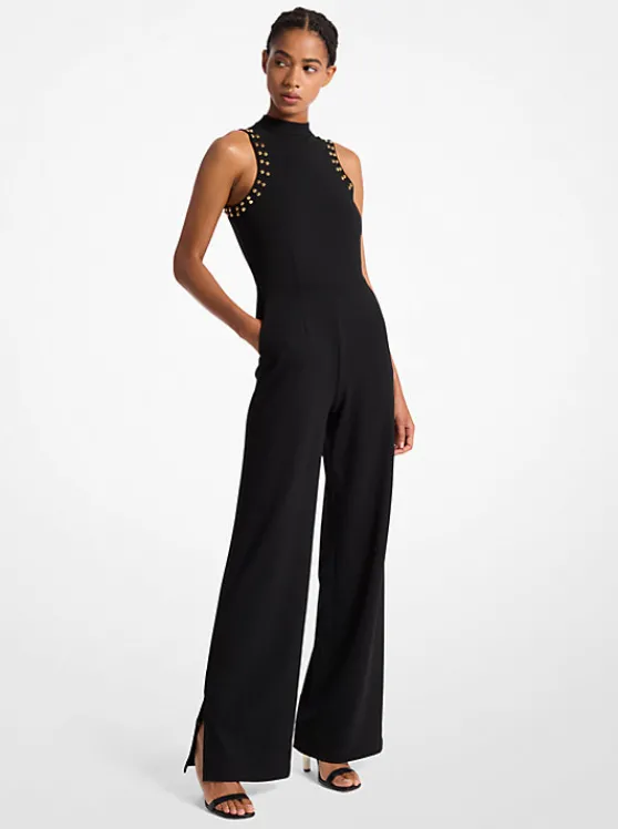 Michael Kors Astor Stud Crepe Jumpsuit BLACK Best Sale