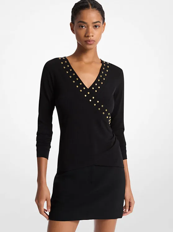 Michael Kors Astor Stud Matte Jersey Top | BLACK Clearance