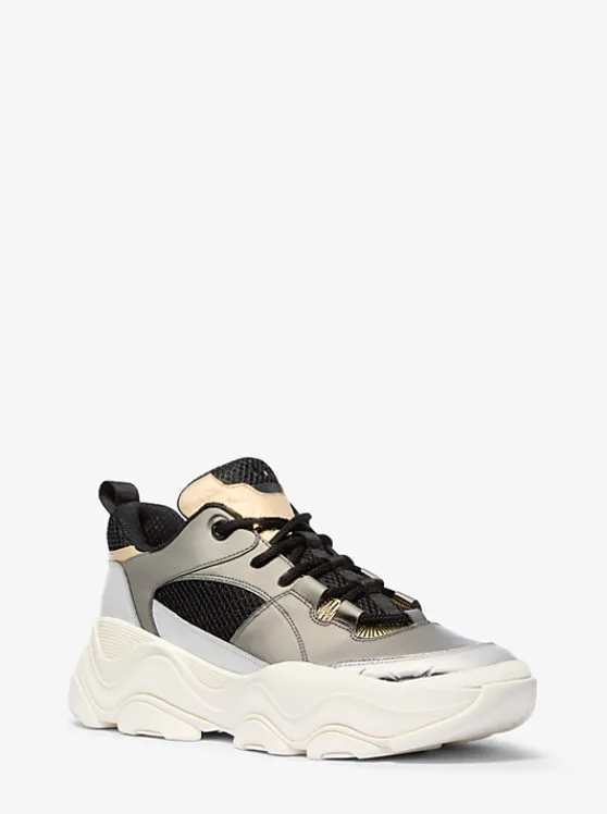 Michael Kors Atlas Color-Block Metallic Leather and Stretch Knit Trainer BLACKCOMBO Store