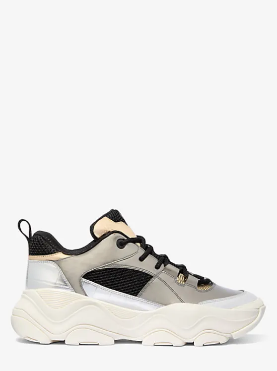 Michael Kors Atlas Color-Block Metallic Leather and Stretch Knit Trainer BLACKCOMBO Store