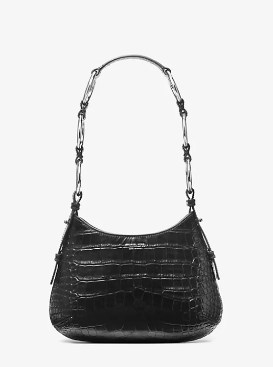 Michael Kors Bardot Mini Crocodile Embossed Leather Hobo Shoulder Bag BLACK Sale