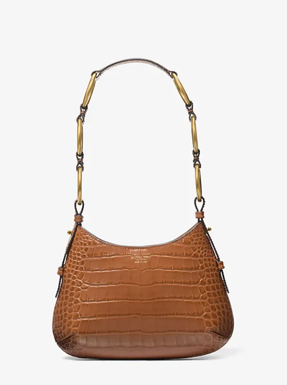 Michael Kors Bardot Mini Crocodile Embossed Patent Leather Hobo Shoulder Bag SADDLE Discount