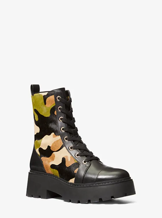 Michael Kors Blake Camouflage Print Calf Hair Combat Boot SmokyOliveMulti Clearance