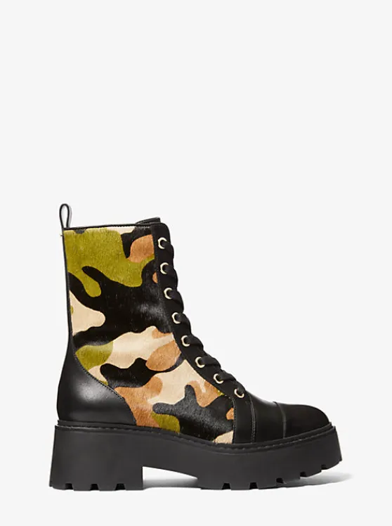 Michael Kors Blake Camouflage Print Calf Hair Combat Boot SmokyOliveMulti Clearance