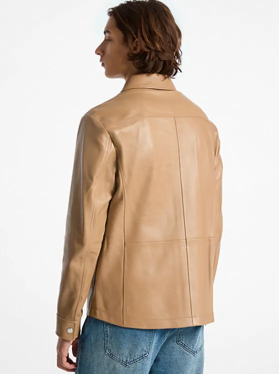 Michael Kors Bonded Leather Shirt Jacket CAFE Fashion