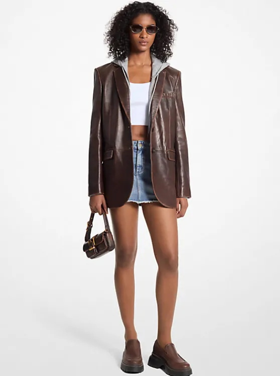 Michael Kors Burnished Leather Blazer CHOCOLATE Fashion