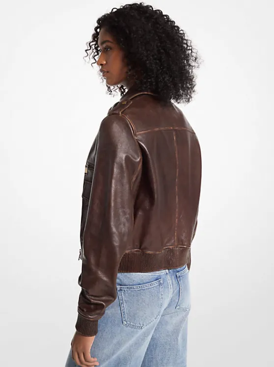 Michael Kors Burnished Leather Blouson Sleeve Jacket CHOCOLATE Best