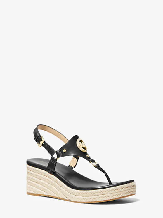 Michael Kors Casey Leather Wedge Sandal BLACK Best Sale