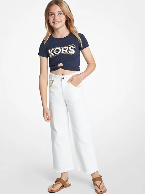 Michael Kors Chain Embellished Stretch Denim Wide-Leg Jeans WHITE Clearance