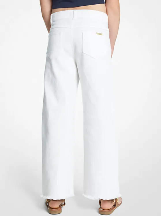 Michael Kors Chain Embellished Stretch Denim Wide-Leg Jeans WHITE Clearance