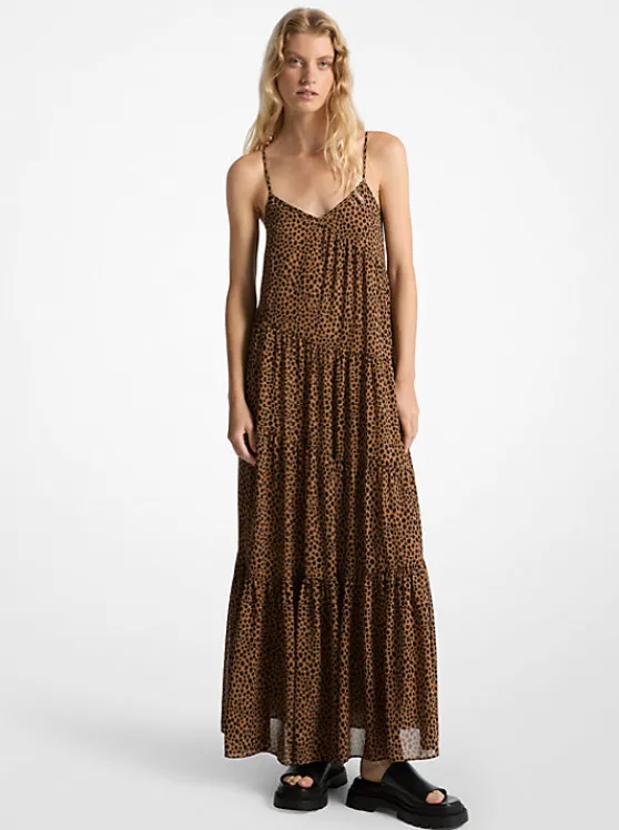 Michael Kors Cheetah Print Georgette Tiered Maxi Dress CAFE Online