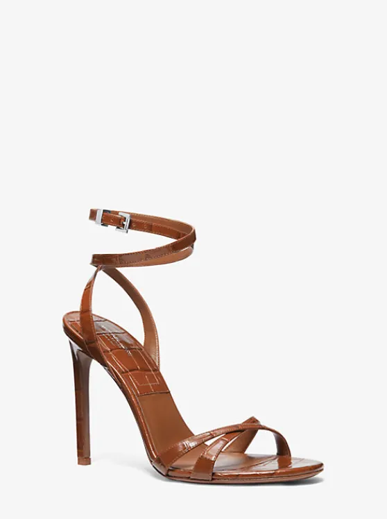 Michael Kors Chrissy Crocodile Embossed Leather Sandal CHESTNUT Online