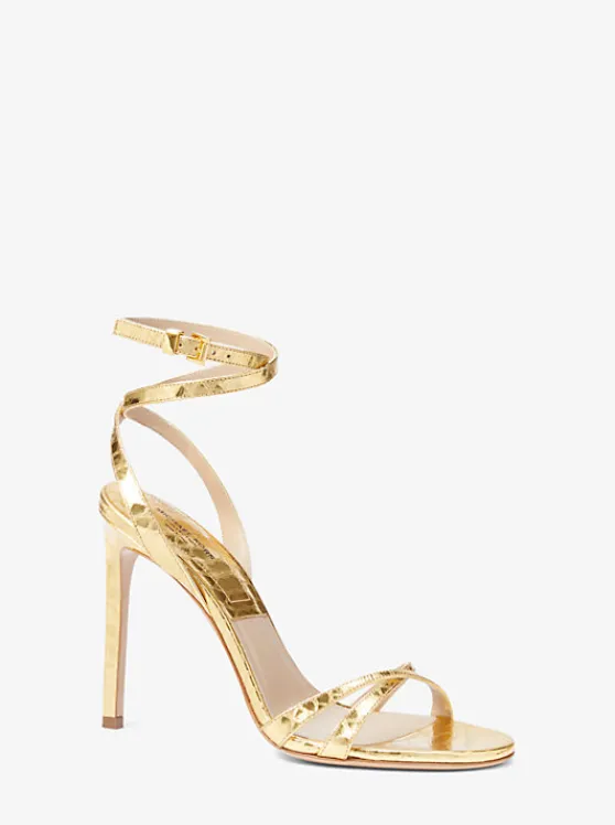 Michael Kors Chrissy Metallic Python Embossed Leather Sandal GOLD Store