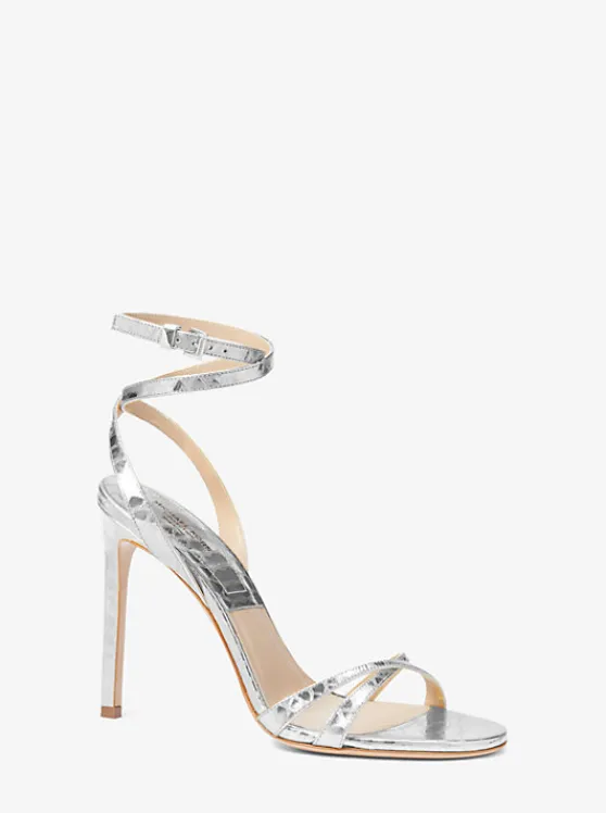 Michael Kors Chrissy Metallic Python Embossed Leather Sandal SILVER Cheap