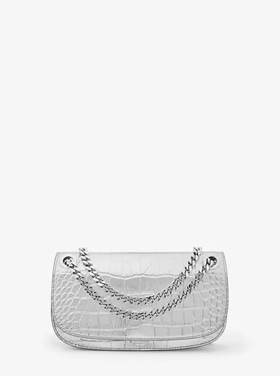 Michael Kors Christie Mini Crocodile Embossed Leather Envelope Bag SILVER Best Sale