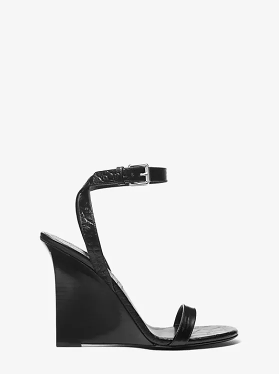 Michael Kors Claudia Crocodile Embossed Leather Wedge Sandal | BLACK Flash Sale