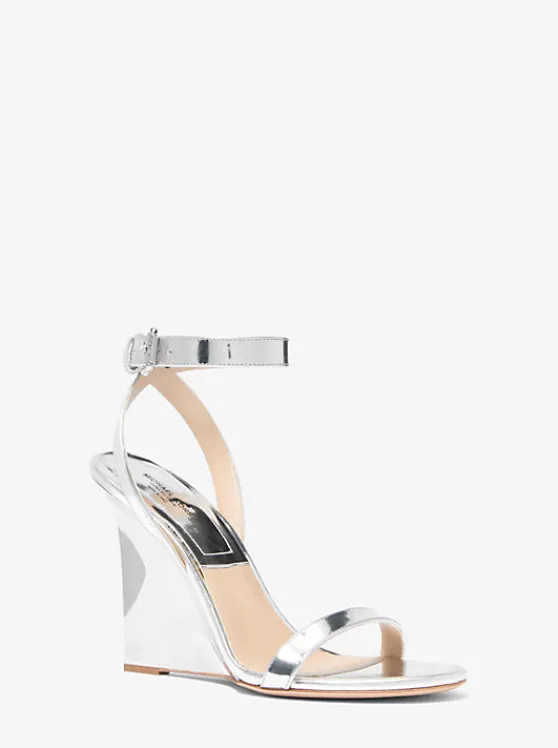 Michael Kors Claudia Specchio Leather Wedge Sandal SILVER Clearance