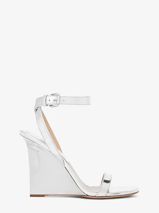 Michael Kors Claudia Specchio Leather Wedge Sandal SILVER Clearance