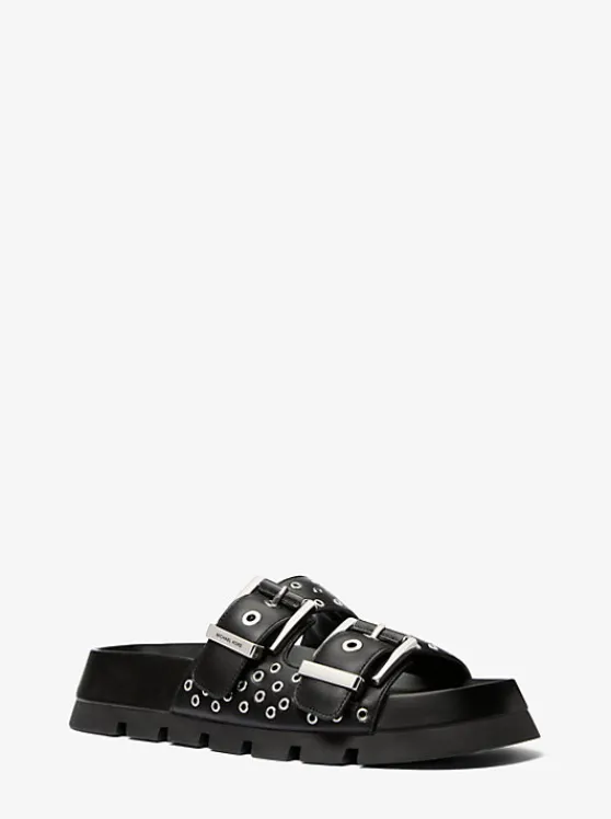 Michael Kors Colby Grommeted Leather Flat Sandal BLACK Sale