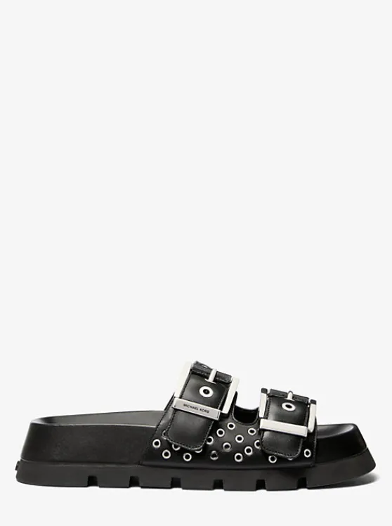 Michael Kors Colby Grommeted Leather Flat Sandal BLACK Sale