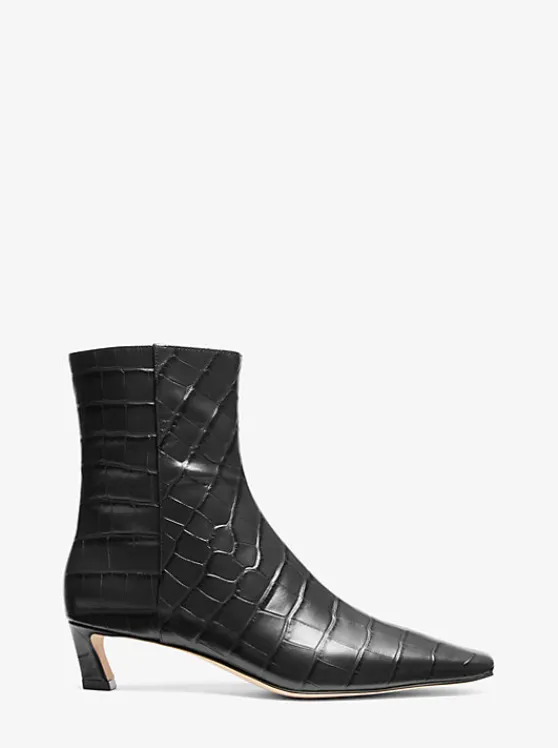 Michael Kors Cosmo Crocodile Embossed Leather Kitten Boot BLACK New