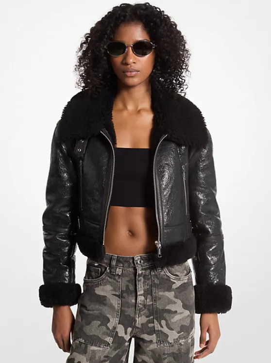 Michael Kors Crackled Leather and Shearling Cropped Jacket BLACK Clearance