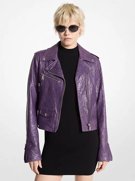 Michael Kors Crinkled Leather Cropped Moto Jacket DARKIRIS Best Sale