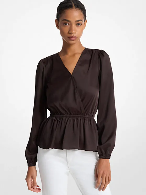 Michael Kors Crinkled Satin Long-Sleeve Top CHOCOLATE Store