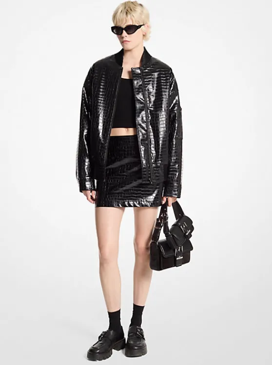 Michael Kors Crocodile Embossed Bomber Jacket BLACK Outlet