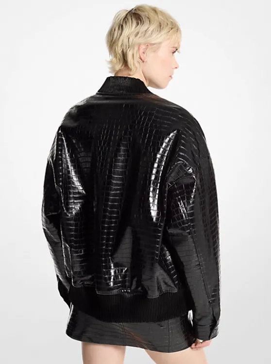 Michael Kors Crocodile Embossed Bomber Jacket BLACK Outlet