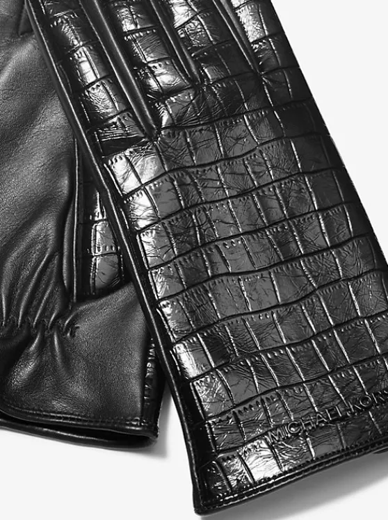 Michael Kors Crocodile Embossed Leather Gloves BLACK Cheap