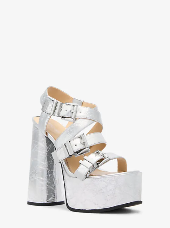 Michael Kors Darrington Crackled Metallic Leather Platform Sandal | SILVER Outlet