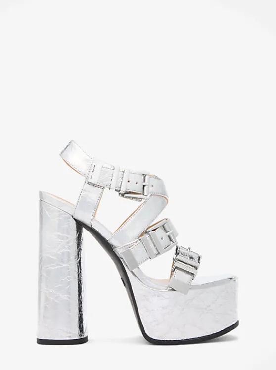 Michael Kors Darrington Crackled Metallic Leather Platform Sandal | SILVER Outlet