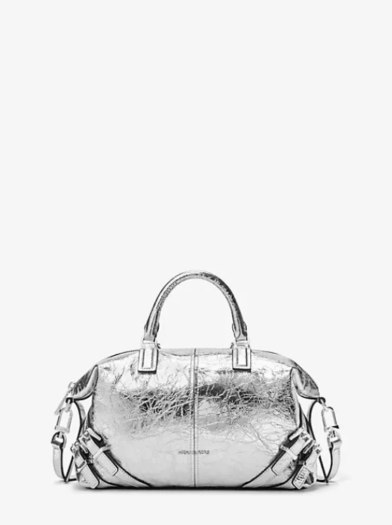 Michael Kors Darrington Metallic Small Crackled Leather Satchel SILVER Hot