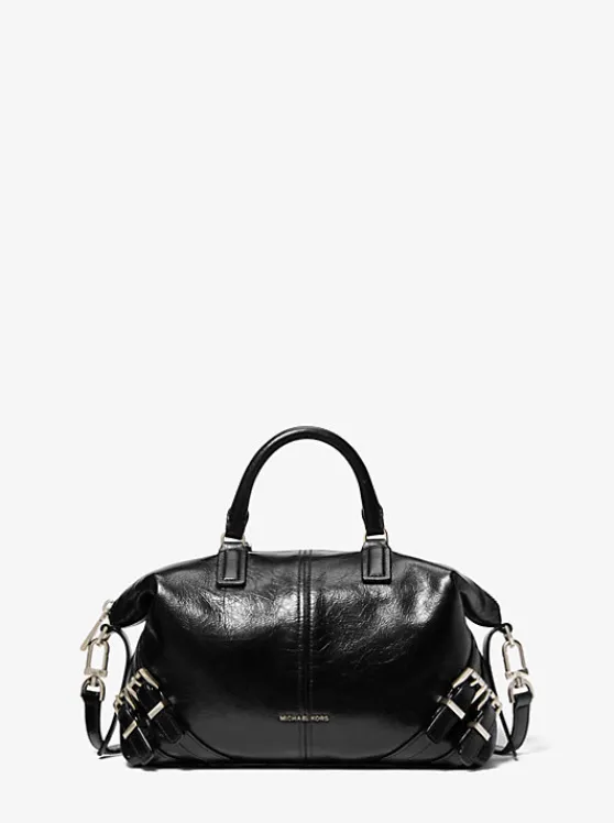 Michael Kors Darrington Small Crackled Leather Satchel BLACK Best Sale