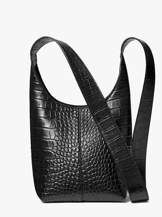 Michael Kors Dede Mini Crocodile Embossed Leather Hobo Bag BLACK Sale