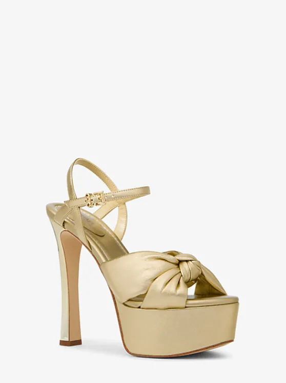 Michael Kors Elena Metallic Leather Platform Sandal PALEGOLD Outlet