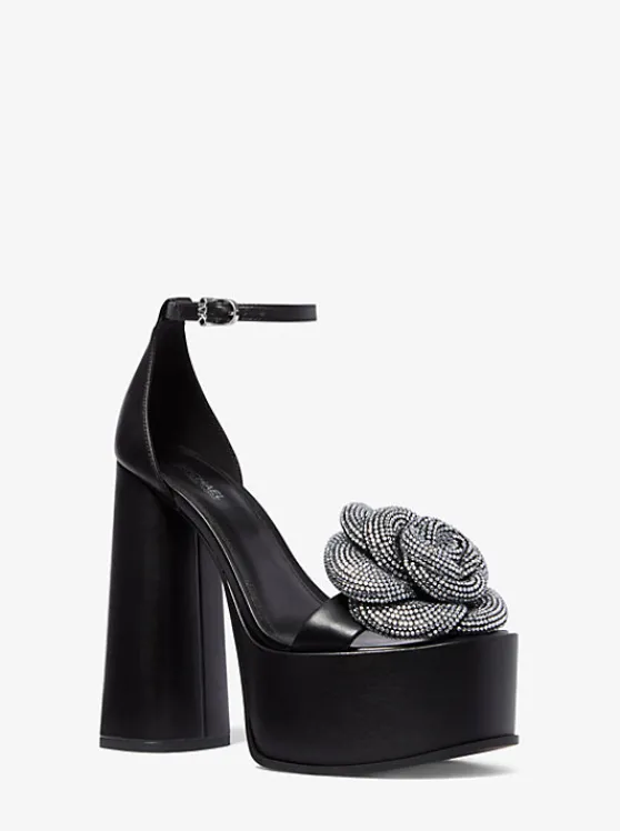 Michael Kors Elodie Crystal-Embellished Leather Platform Sandal BLACK Cheap